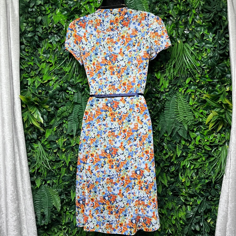 MSK Dress Size 6 Floral Print Blue Orange Pleated Midi with Tie Belt 3016‎ - Picture 8 of 9